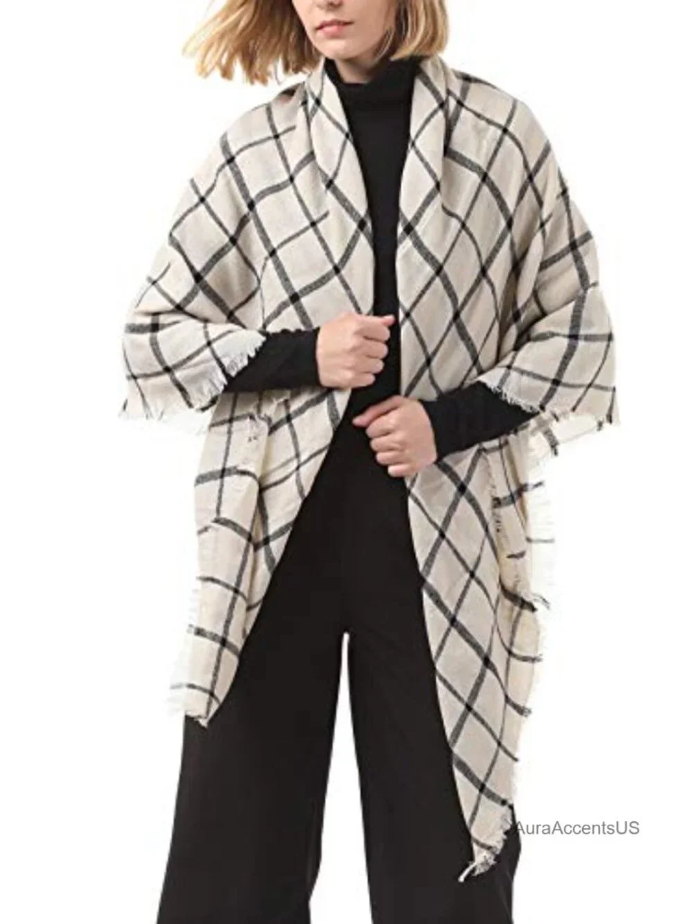 Oversized Plaid Tassel Scarf Wrap - Soft Polyester Faux Fur Blanket Scarf